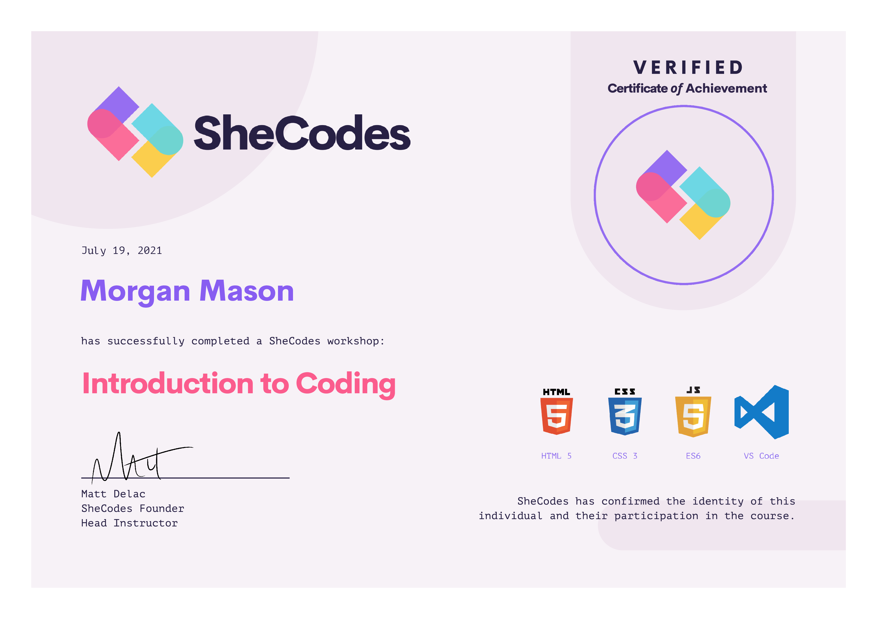 SheCodes Introduction to Coding Certificate